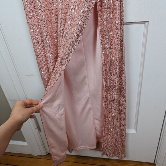 Angel Biba | Rose Gold High Slit Sequin Maxi Dress NWT Size s - Picture 3 of 7